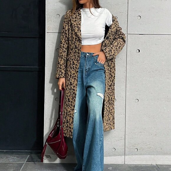 Multicolor Casual Women's Leopard Print Knitted Cinched Waist Stand Collar Coat - Picture 4 of 7